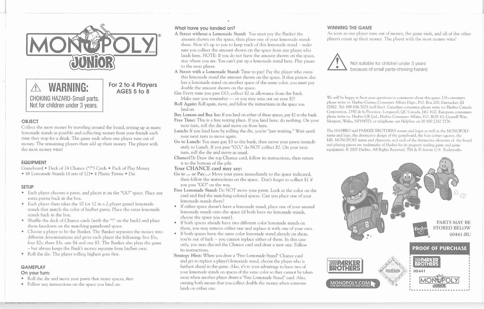 HASBRO Monopoly Jr Lemonade 2004 User Manual