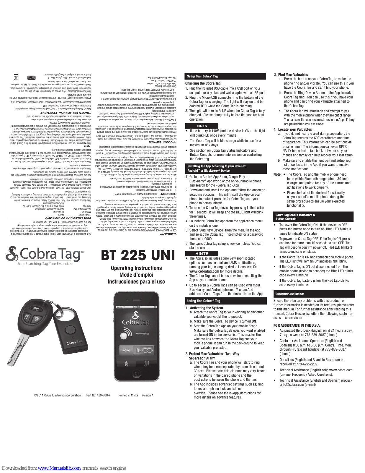 Cobra BT225, BT225 UNI, BDL 150, Tag Operating Instructions Manual