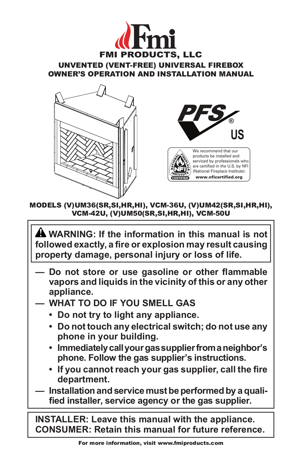 FMI VUM50SR-SI-HR-HI, VUM36SR-SI-HR-HI, VCM-42U, VCM-36U, VUM42SR-SI-HR-HI User Manual