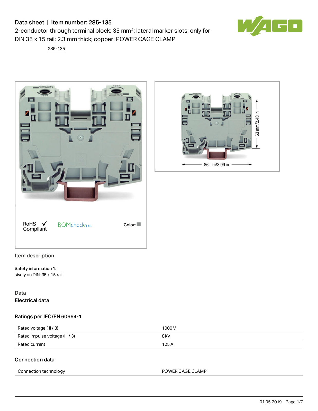 Wago 285-135 Data Sheet