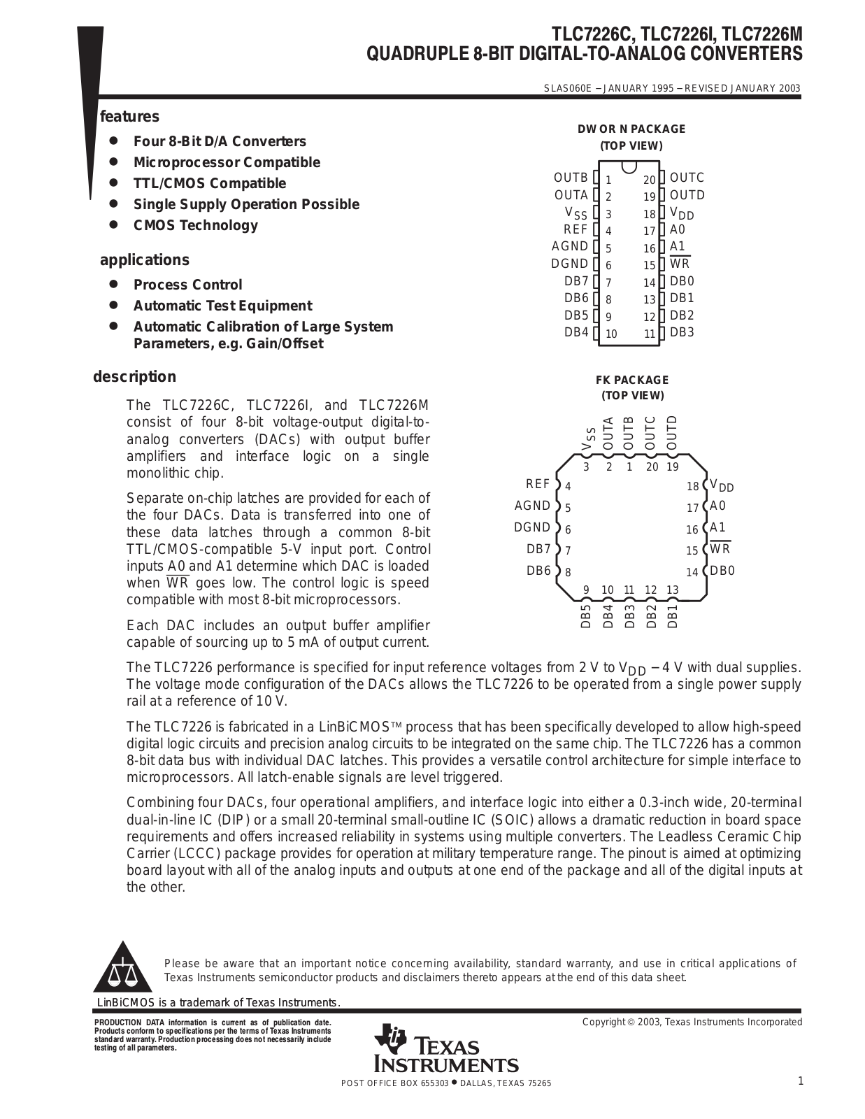 TEXAS INSTRUMENTS TLC7226C, TLC7266I, TLC7226M Technical data