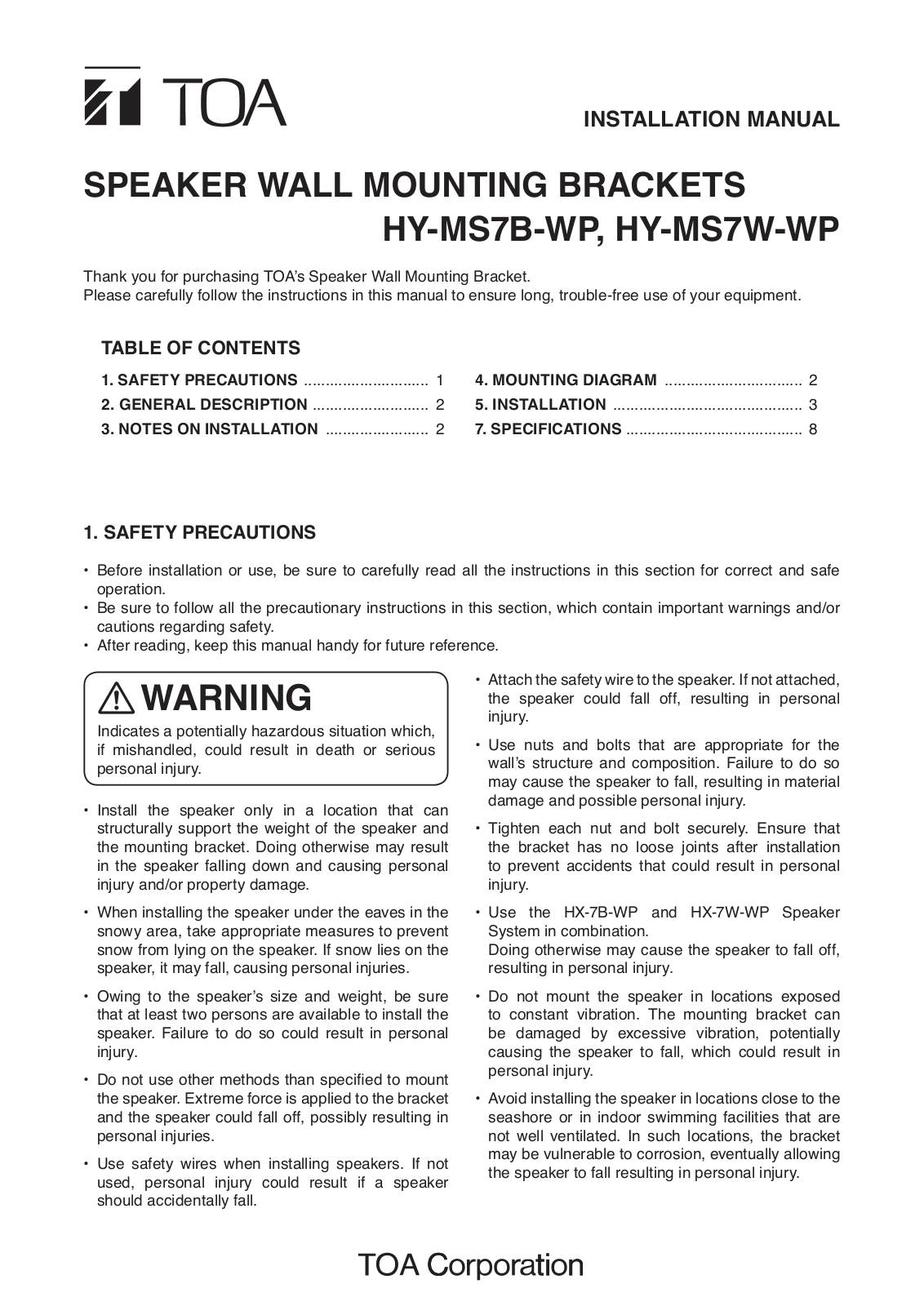 TOA HY-WM7 Installation Guide