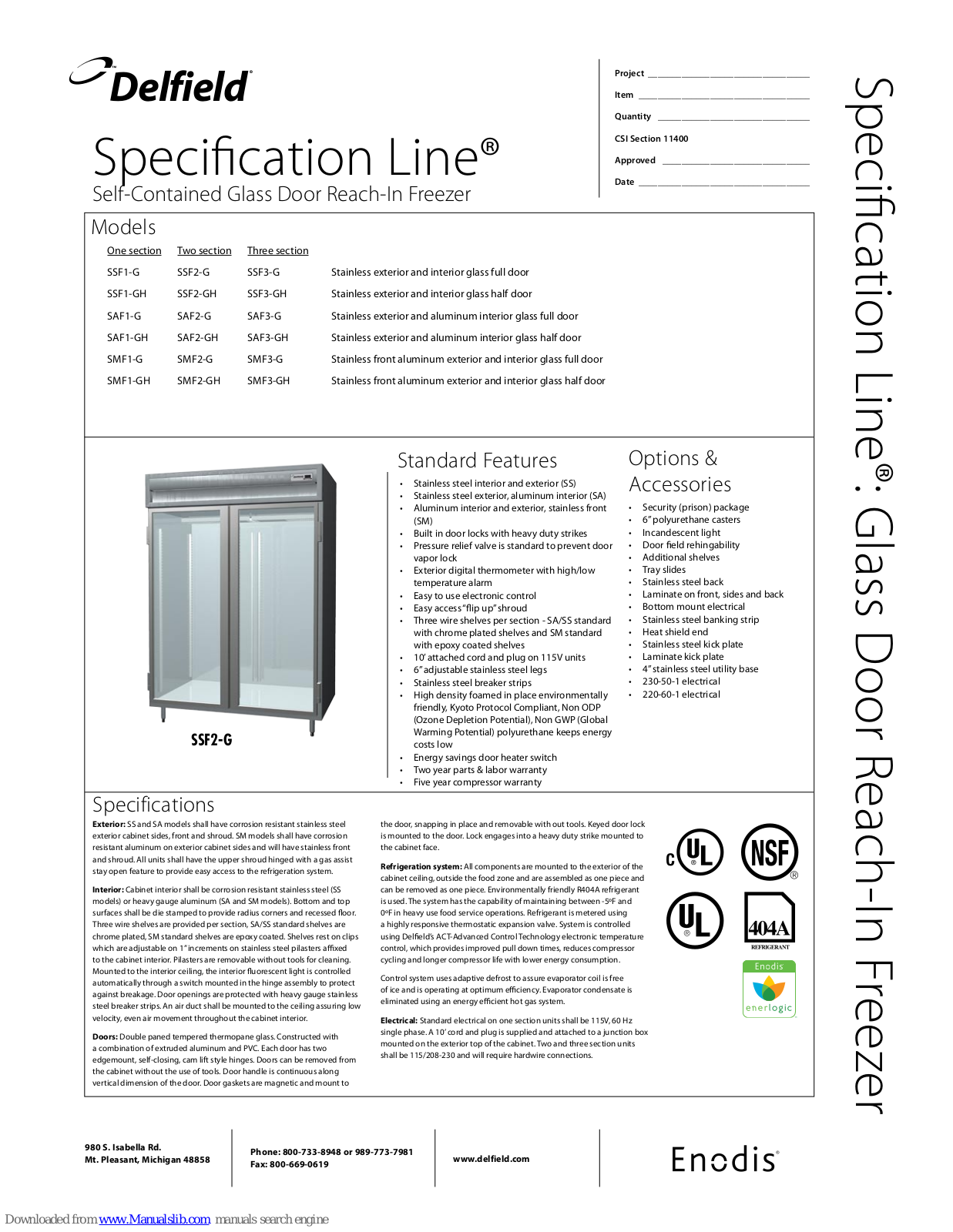 Delfield SSF1-G, SSF1-GH, SSF2-G, SSF3-G, SSF2-GH Specifications