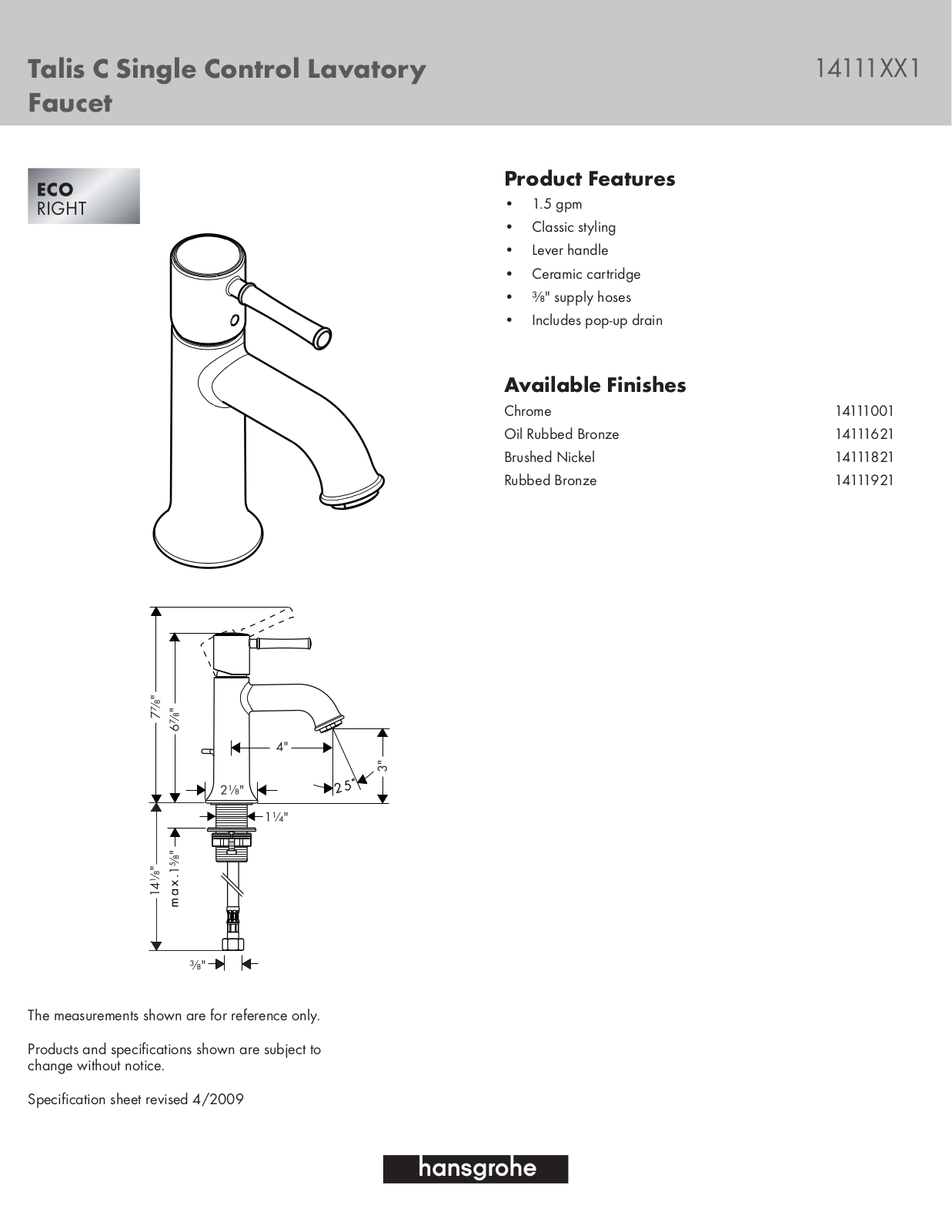 Hansgrohe 14111001 Specs