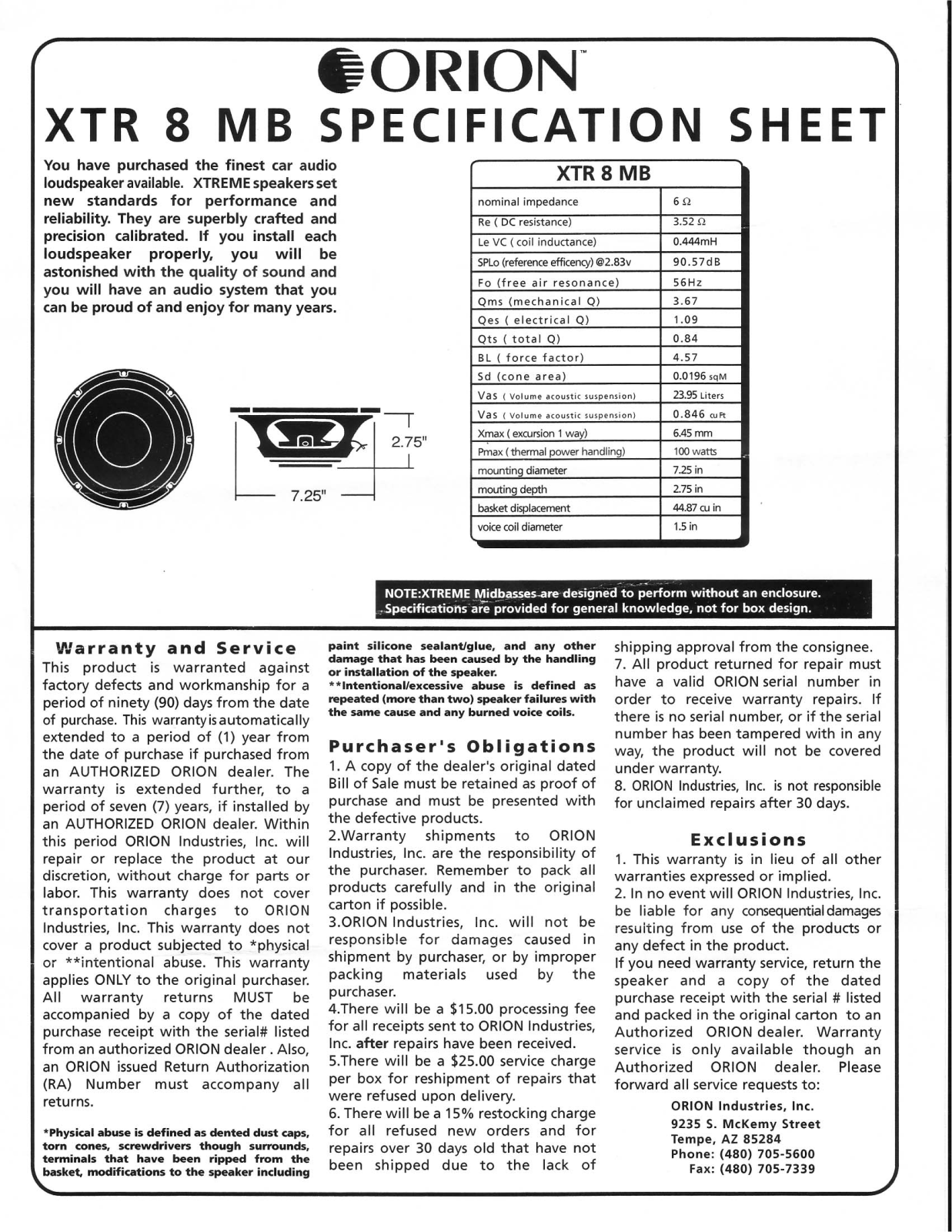 ORION XTR8MB Owners Manual