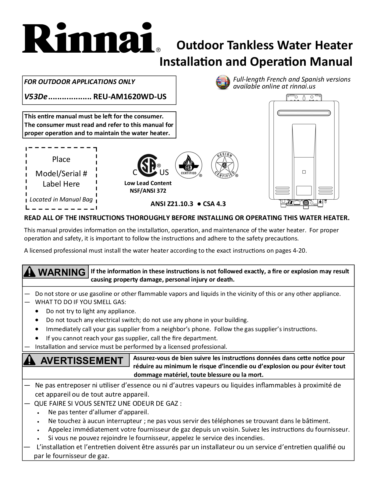 Rinnai Water Heater V53DeP Installation  Manual