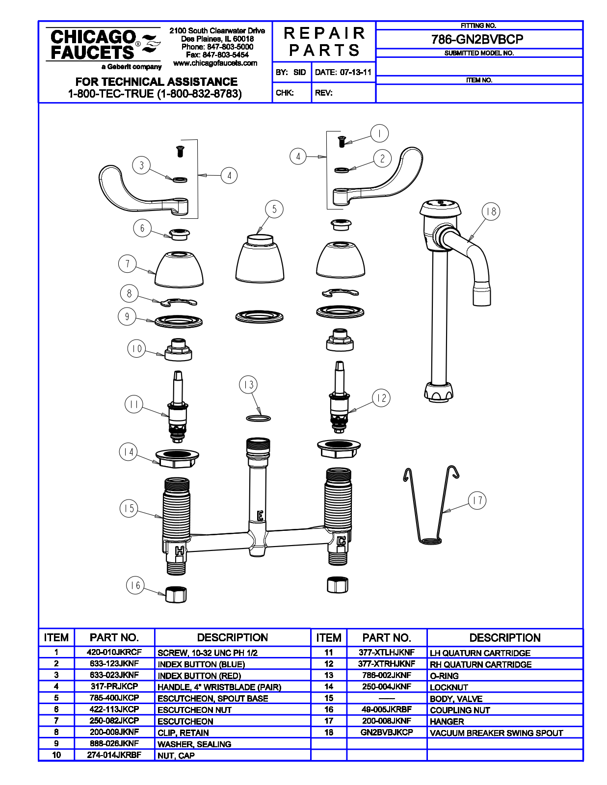 Chicago Faucet 786-GN2BVBCP Parts List