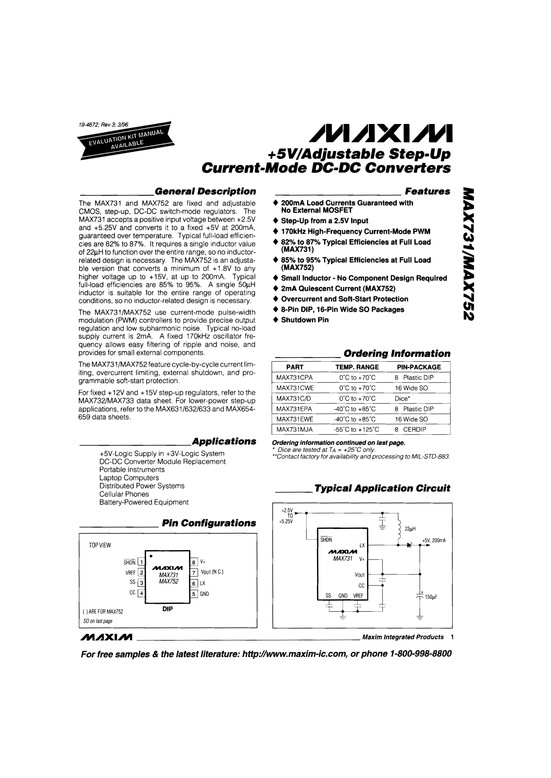 Maxim MAX752EPA, MAX752EWE, MAX752C-D, MAX752CPA, MAX731MJA Datasheet