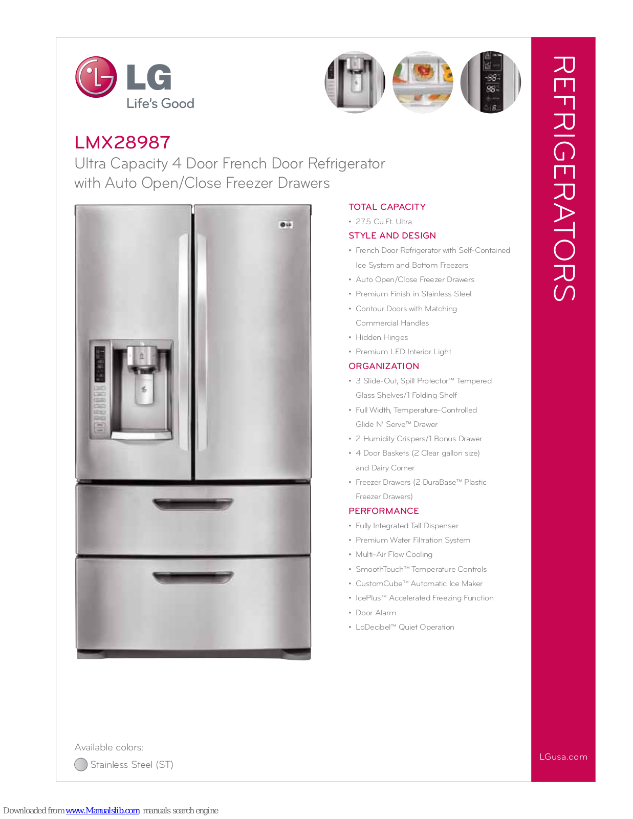 LG LMX28987ST, LMX28987ST - 27.5 cu. ft. Refrigerator, LMX28987 Specifications