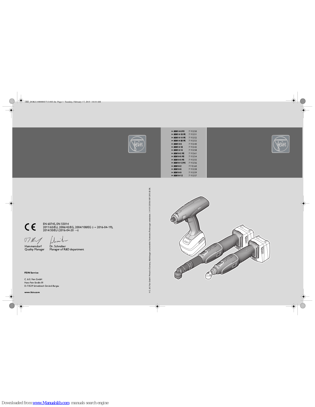 Fein ASM14-2 PC, ASM14-2, ASM14-6 PC, ASM14-6, ASM14-9 Original Instructions Manual