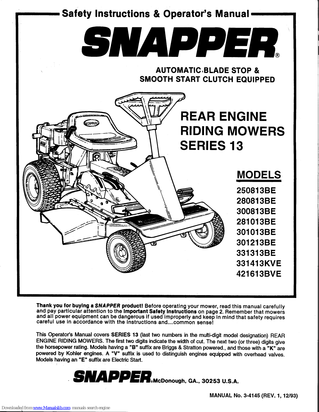 Snapper 250813BE, 280813BE, 281013BE, 300813BE, 301013BE Safety Instructions & Operator's Manual