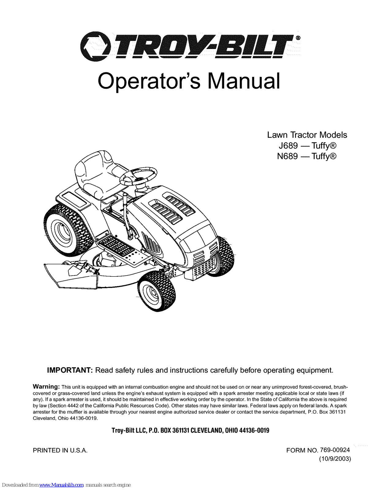 Troy-Bilt Tuffy J689, Tuffy N689 Operator's Manual - ManualMachine.com