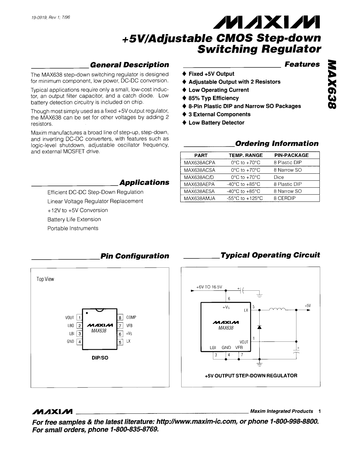 Maxim MAX638ACSA, MAX638AEPA, MAX638AESA, MAX638AMJA, MAX638AC-D Datasheet