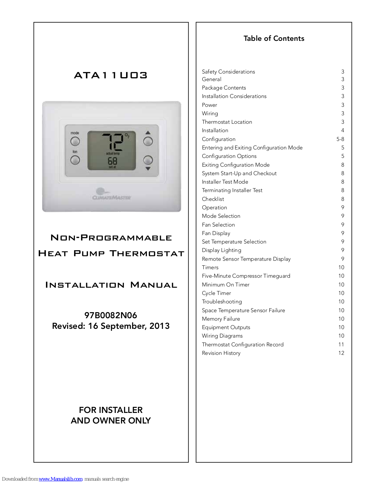 ClimateMaster ATA11U03 Installation Manual