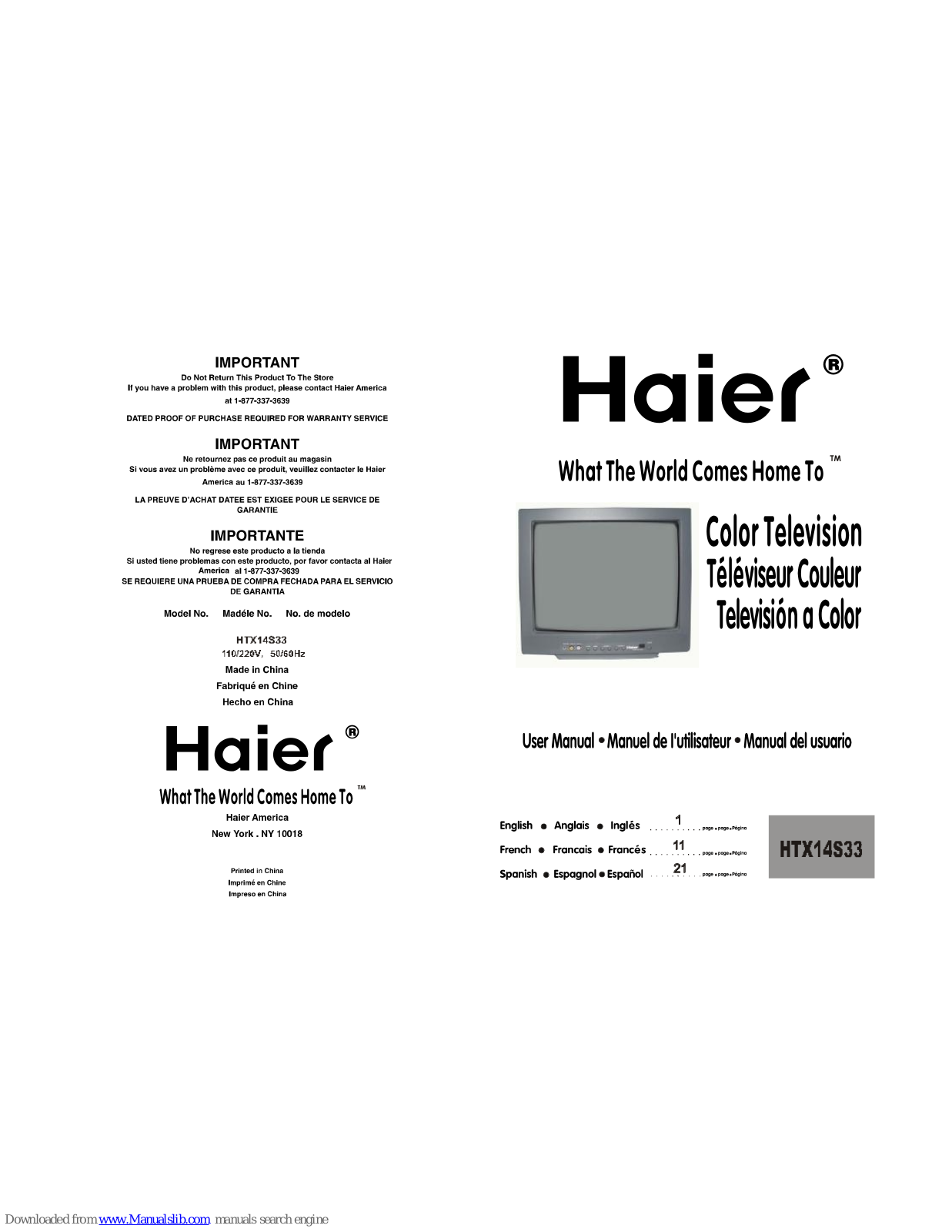 Haier HTX14S33, CTV14181, CTV1418 User Manual