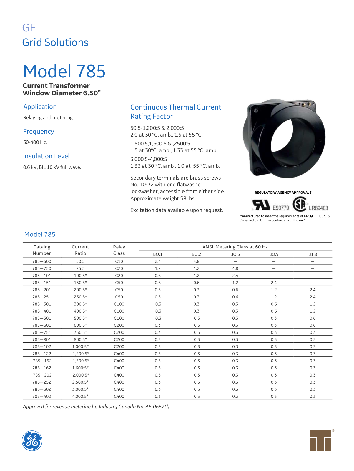 Instrument Transformer, Div of GE 785 Data Sheet - ManualMachine.com
