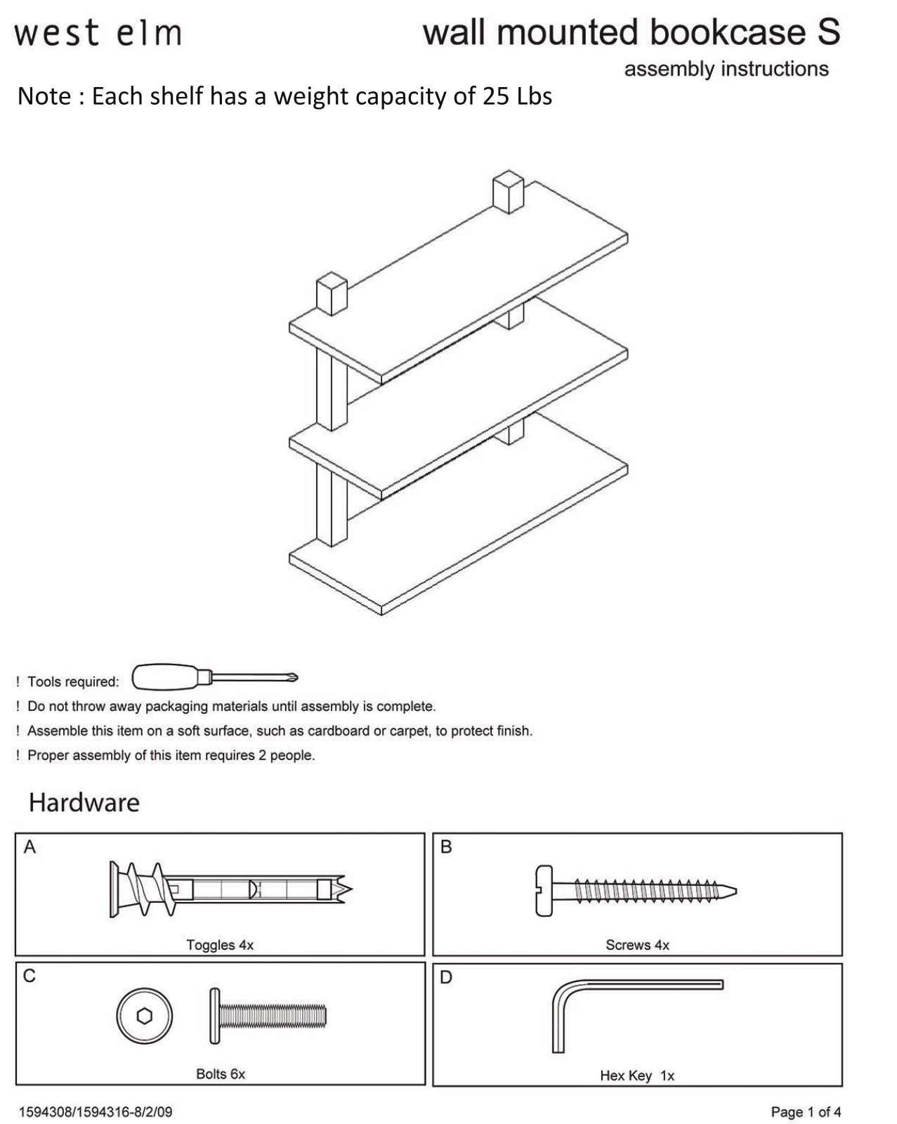 West Elm Wall Mounted Short Bookcase Assembly Instruction