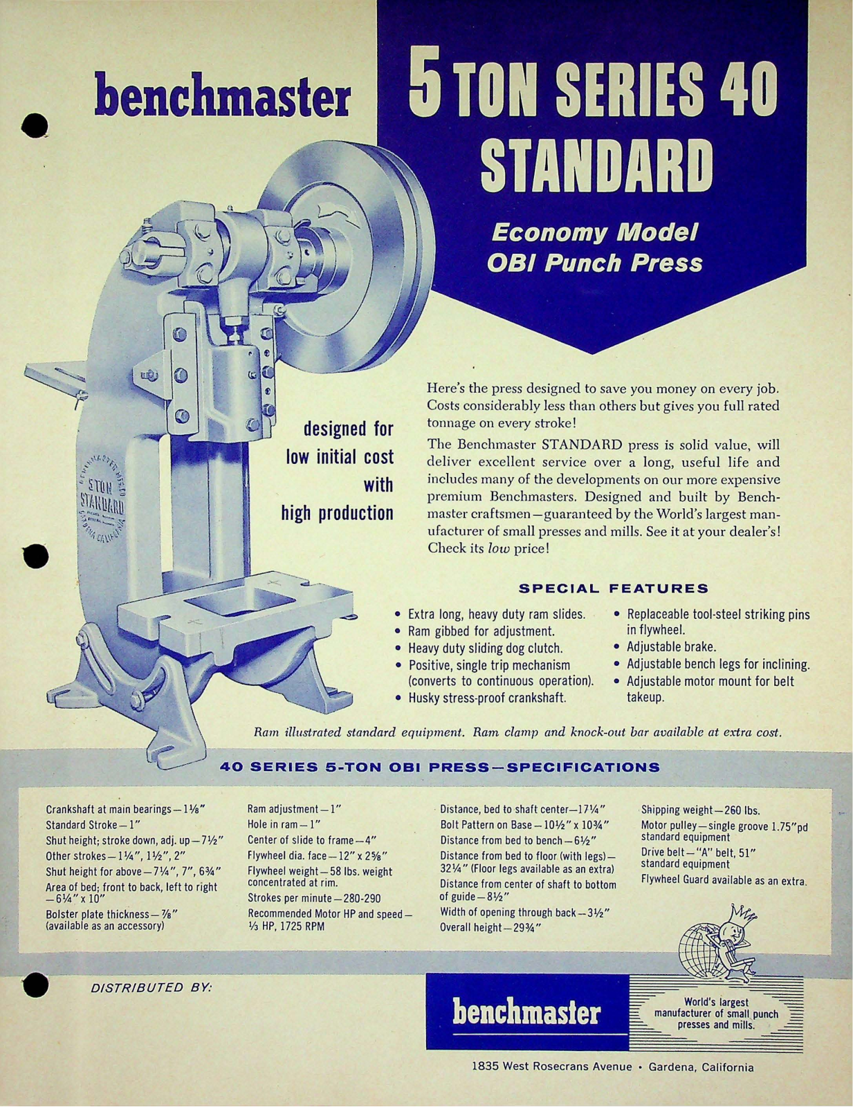 Benchmaster Manufacturing 5 Ton Series 40 Standard OBI Punch Press Press - ManualMachine.com