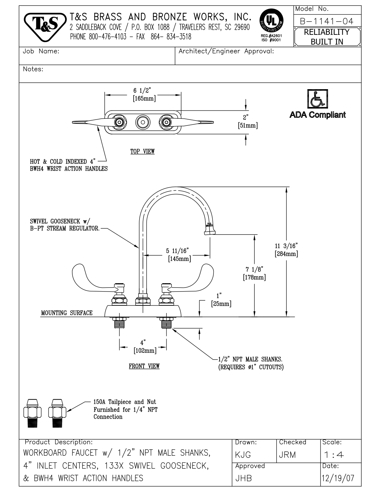 T & S Brass & Bronze Works B-1141-04 General Manual