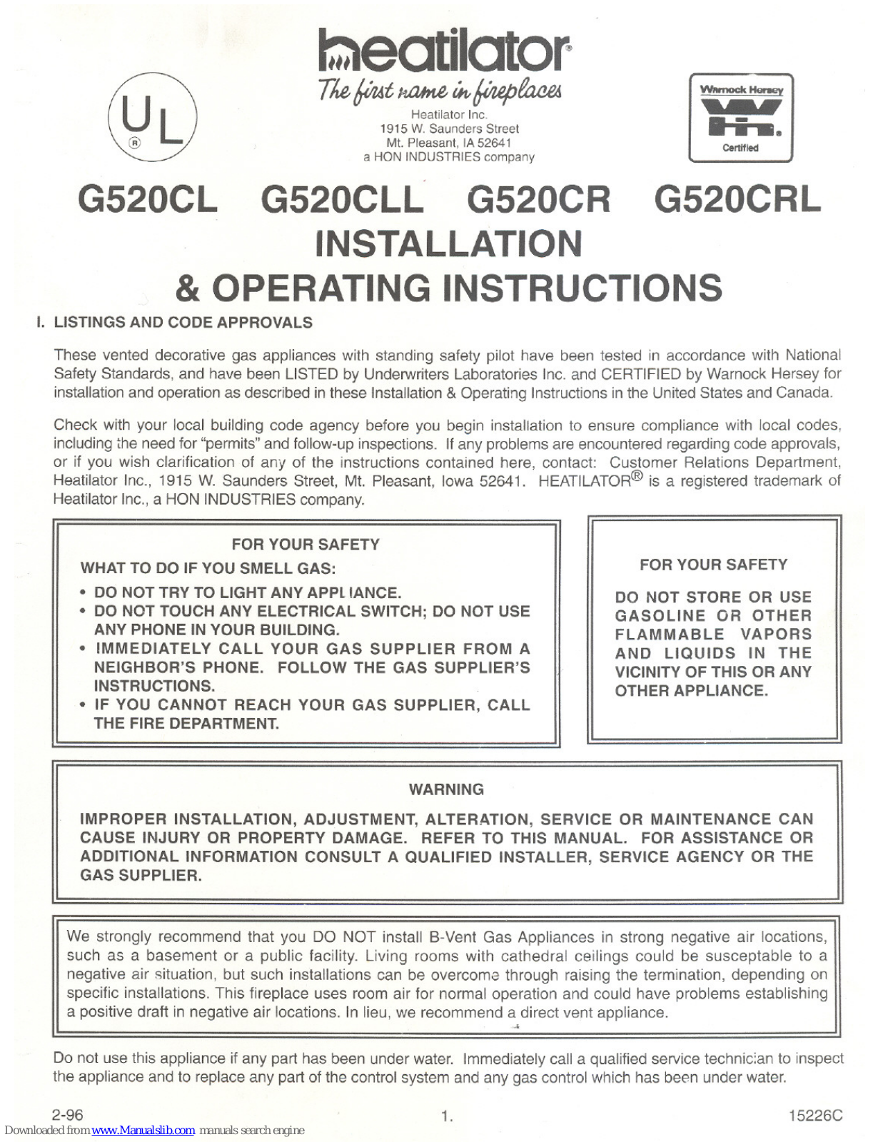 Heatilator G520CL, G520CR, G520CLL, G520CRL Installation & Operating Instructions Manual