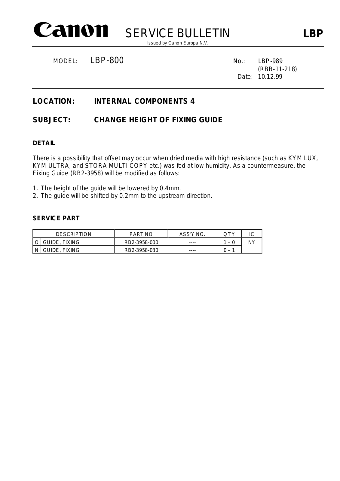 CANON lbp-989 SERVICE BULLETIN