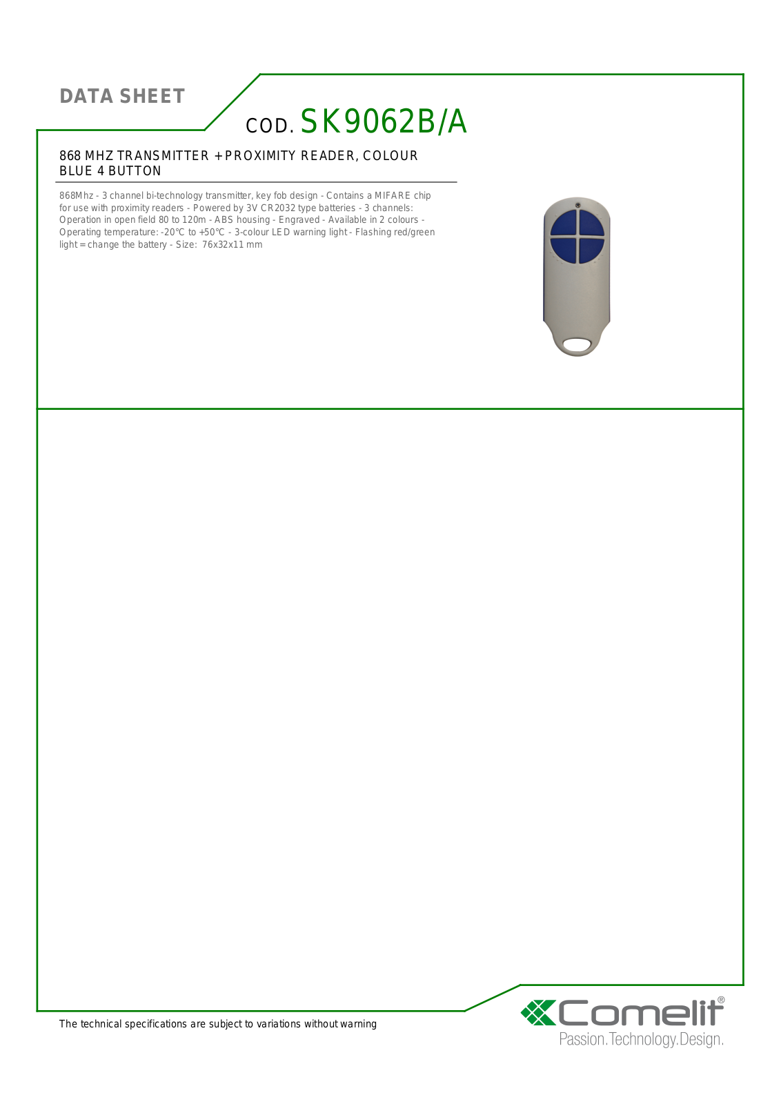 Comelit SK9062B-A Specsheet