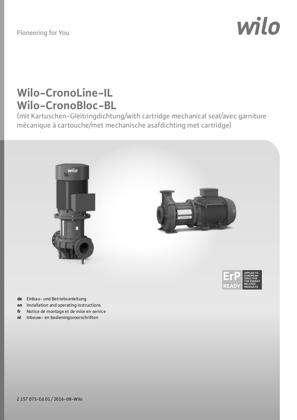 Wilo CronoLine IL, CronoBloc BL Installation And Operating Instructions Manual