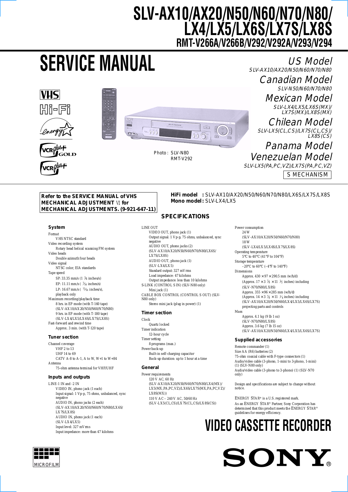 Sony SLV-AX10, SLV-AX20, SLV-N50, SLV-N60, SLV-N70 Service manual