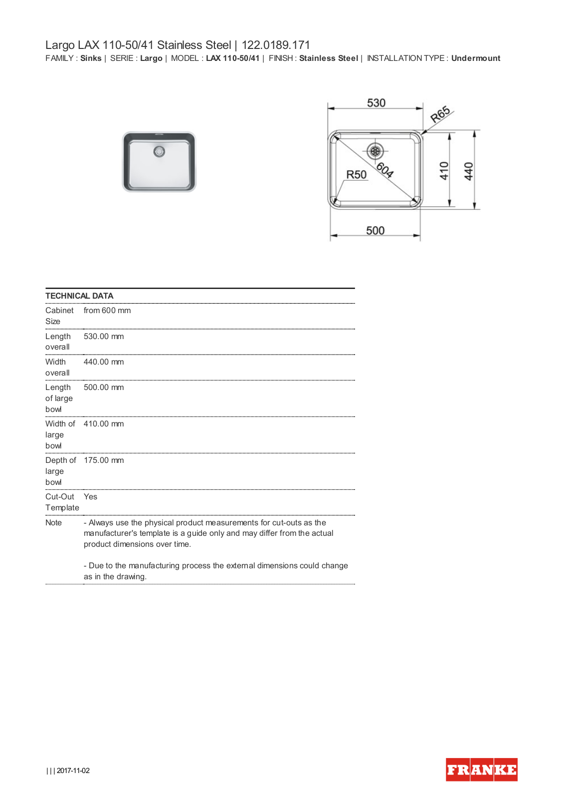 Franke LAX110-50/41 Specifications Sheet