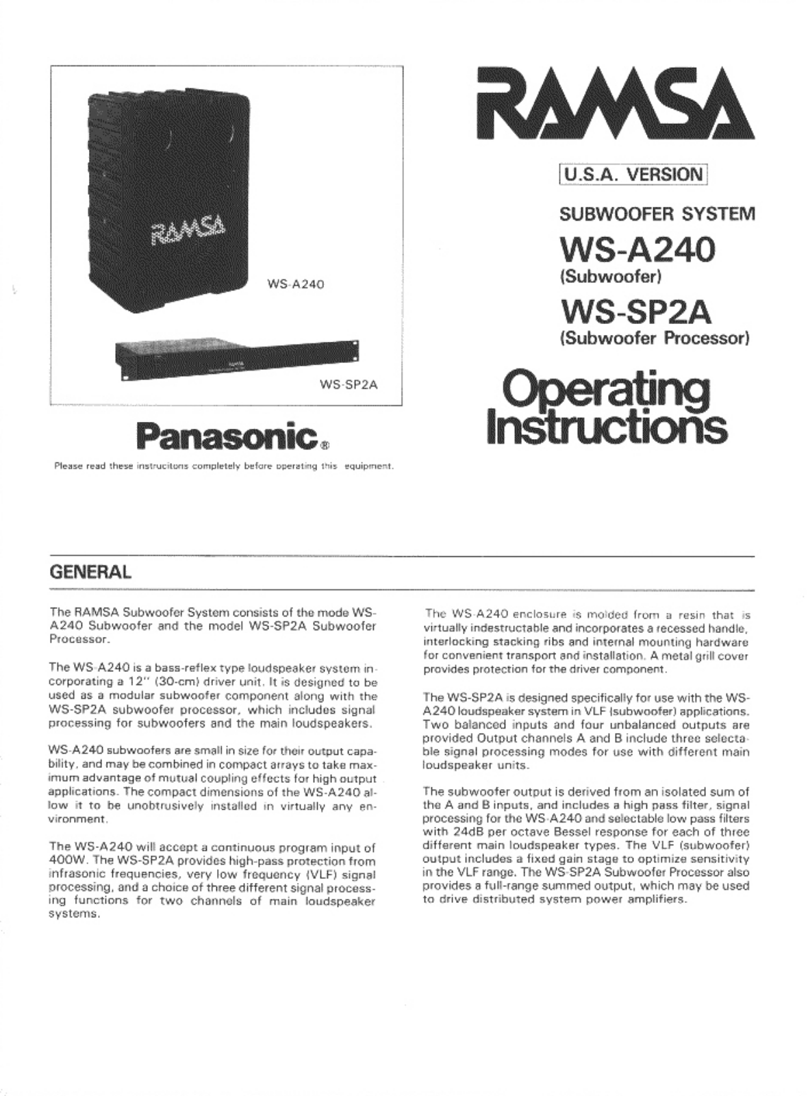 Panasonic ws-a240 Operation Manual