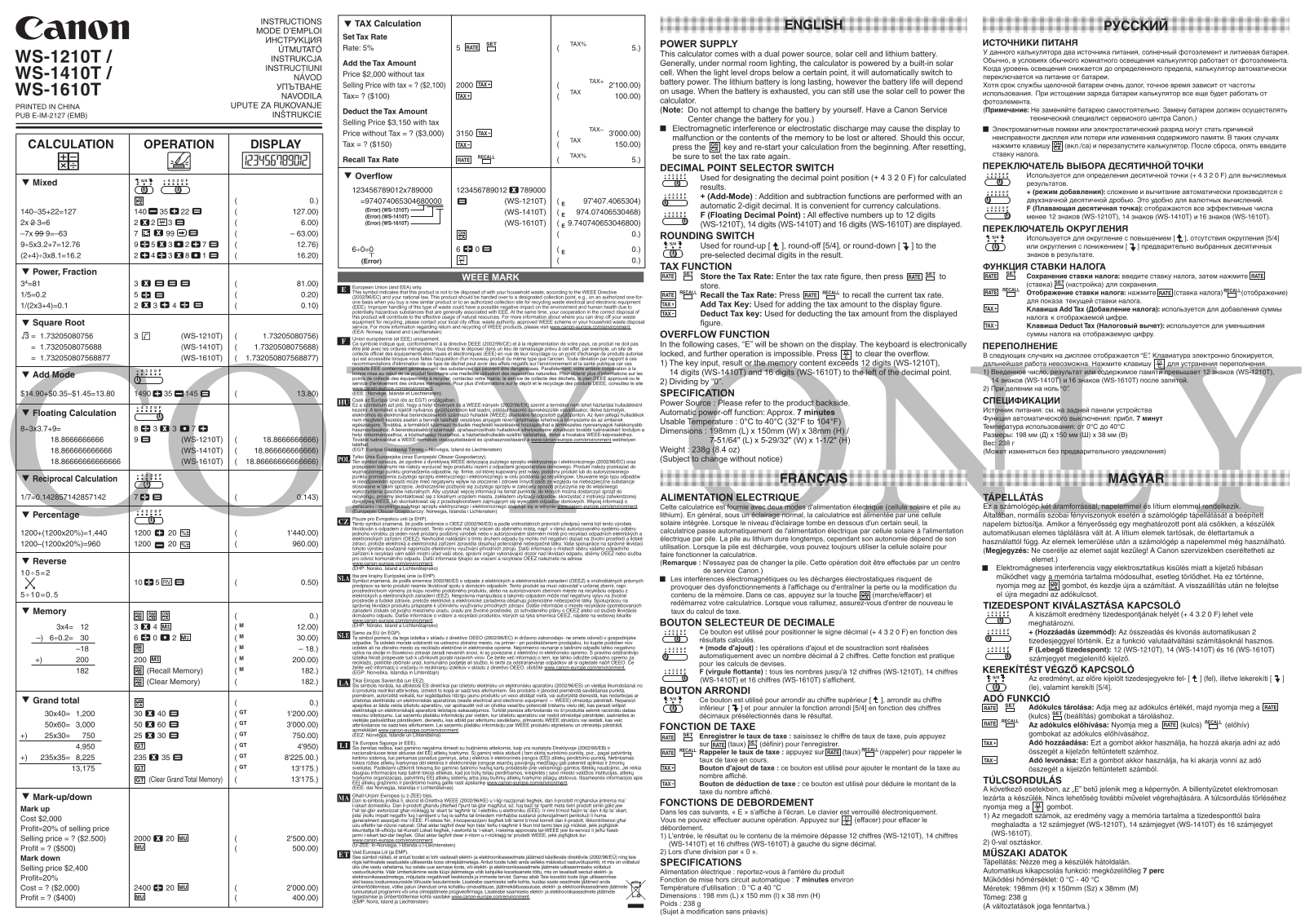 Canon WS-1210T, WS-1410T, WS-1610T User Manual