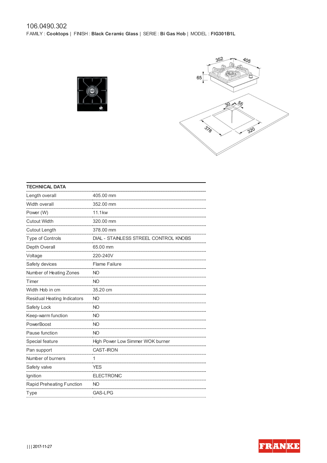 Franke FIG301B1L Datasheet