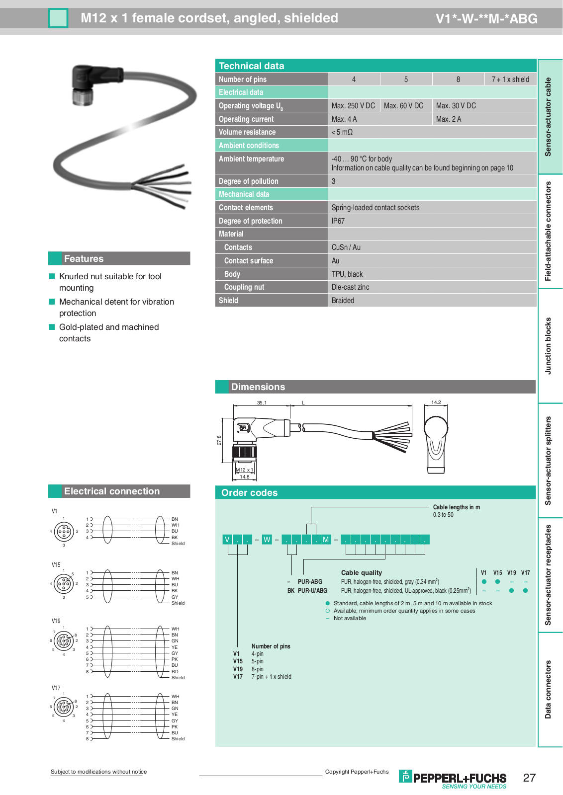 Pepperl Fuchs V19-W-BK10M-PUR-U/ABG Data Sheet