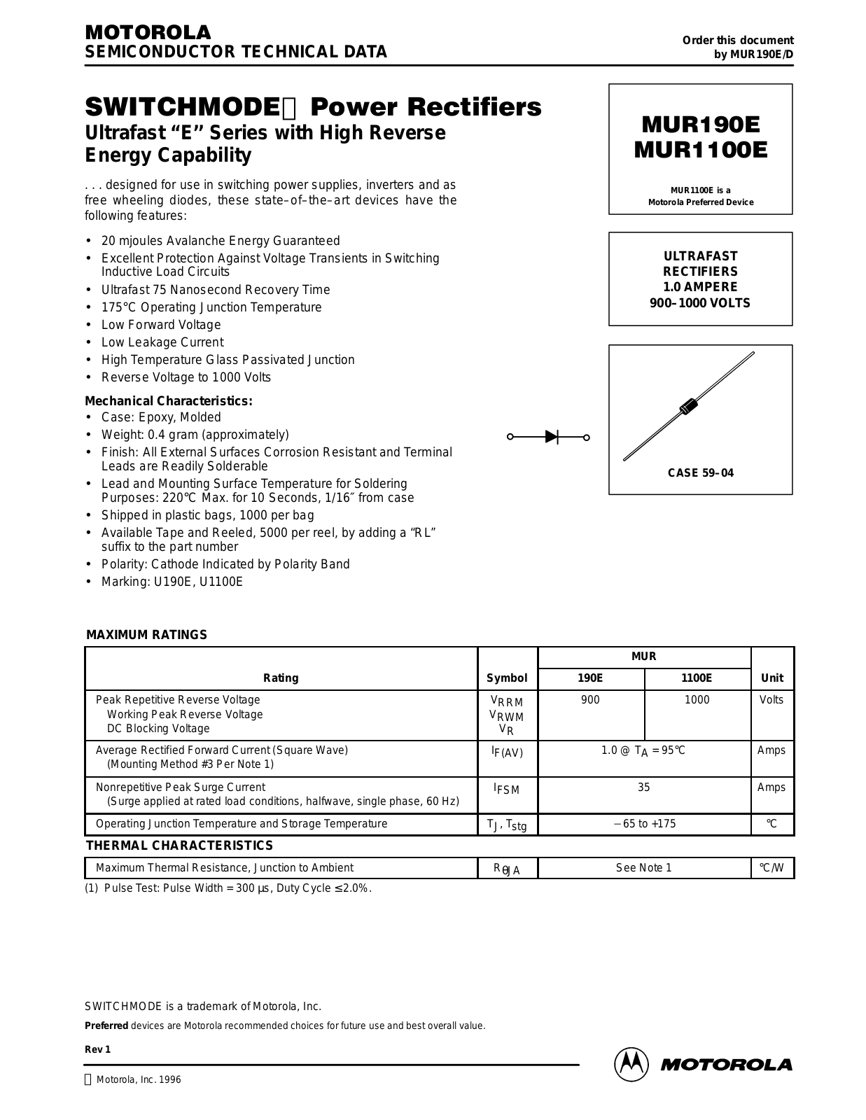 Motorola MUR190E, MUR1100E Datasheet