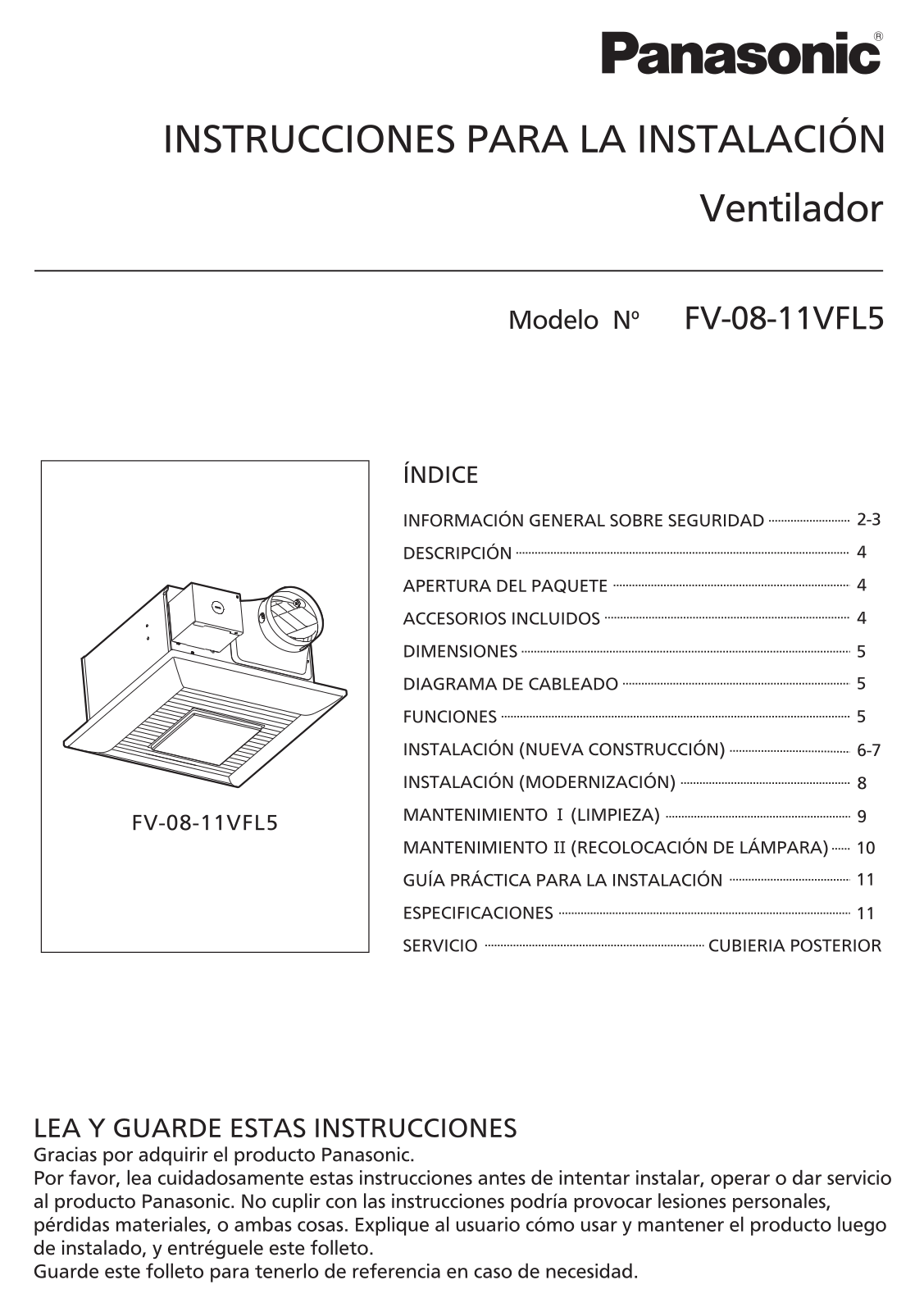 Panasonic fv-08vfl5, fv-11vfl5 installation