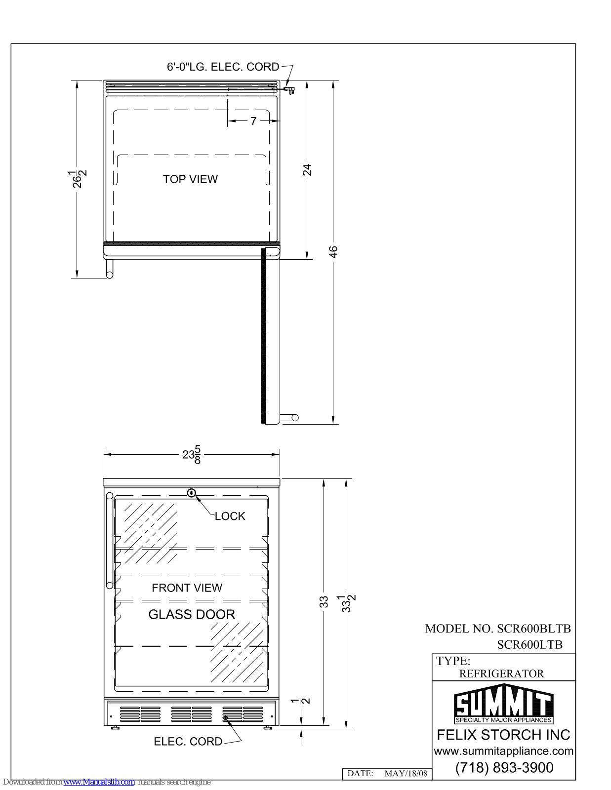 Summit SCR600BLTB, SCR600LTB Dimensional Drawing