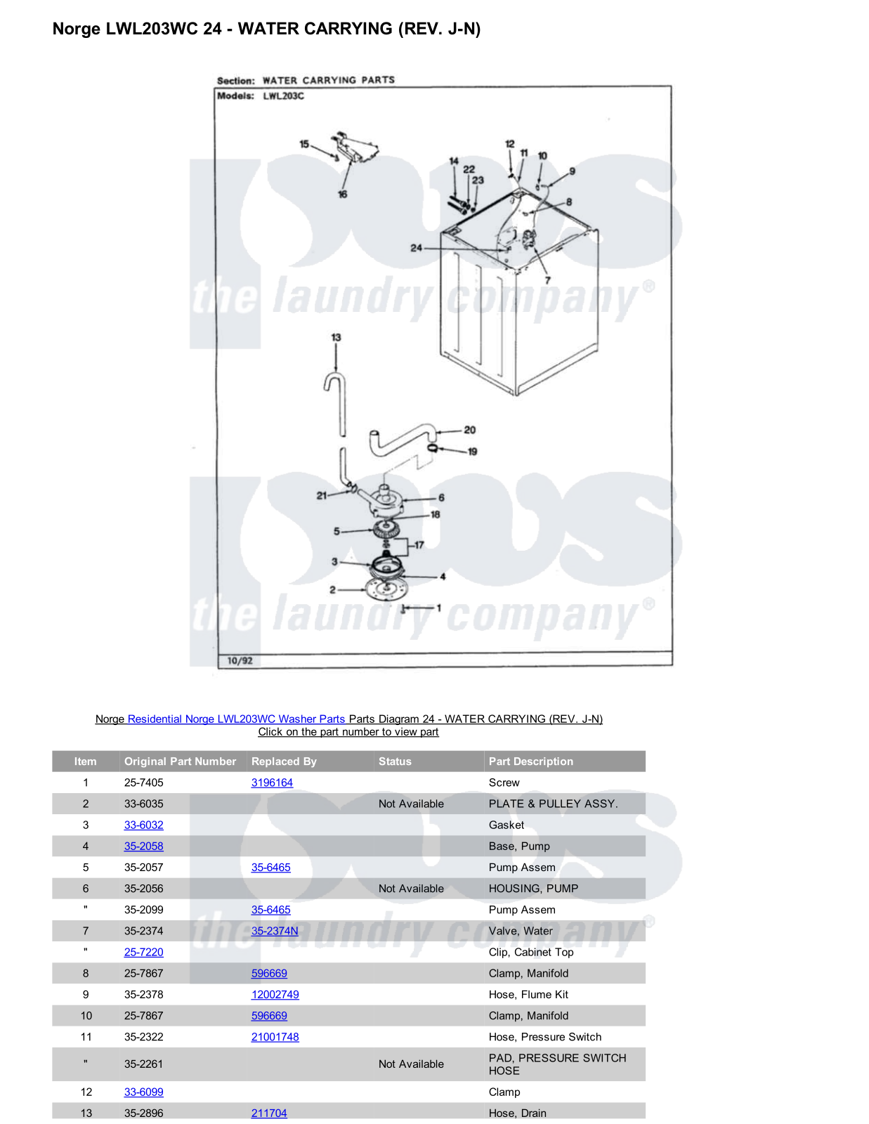 Norge LWL203WC Parts Diagram