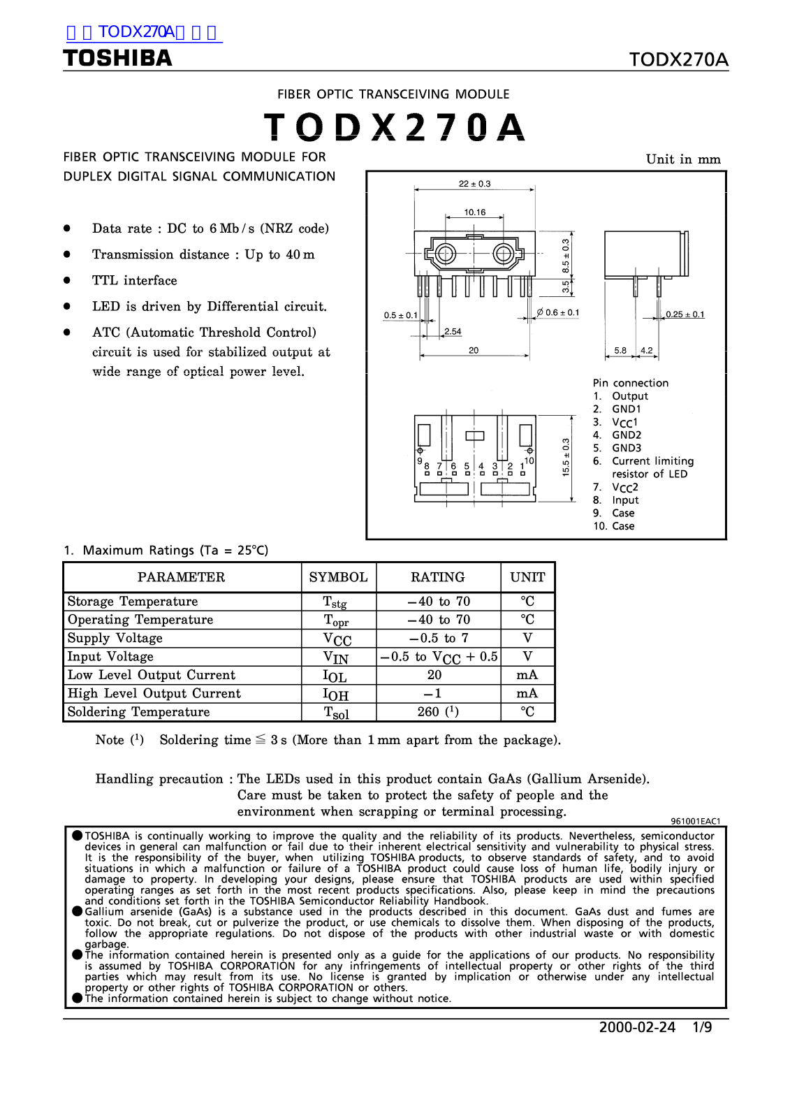 TOSHIBA TODX270A Technical data