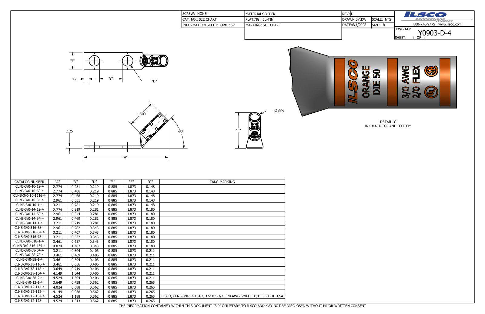 Ilsco CLNB-3/0-38-1-4 Data sheet