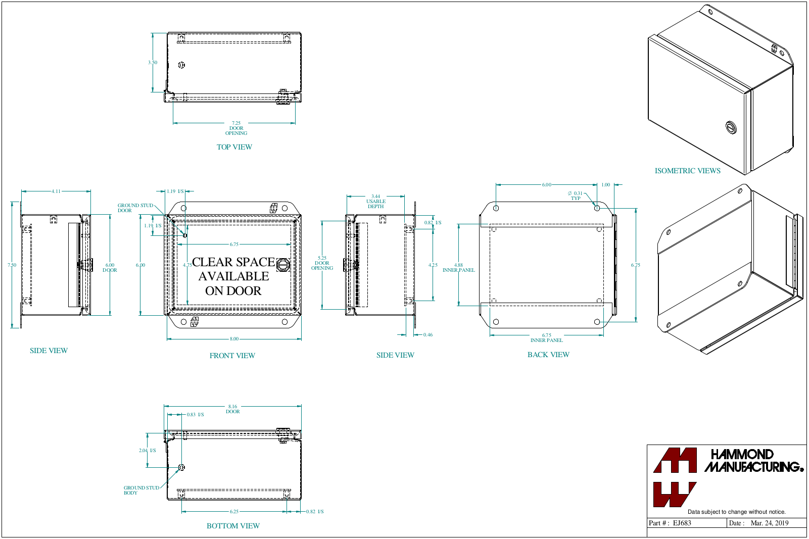 Hammond Manufacturing EJ683 technical drawings