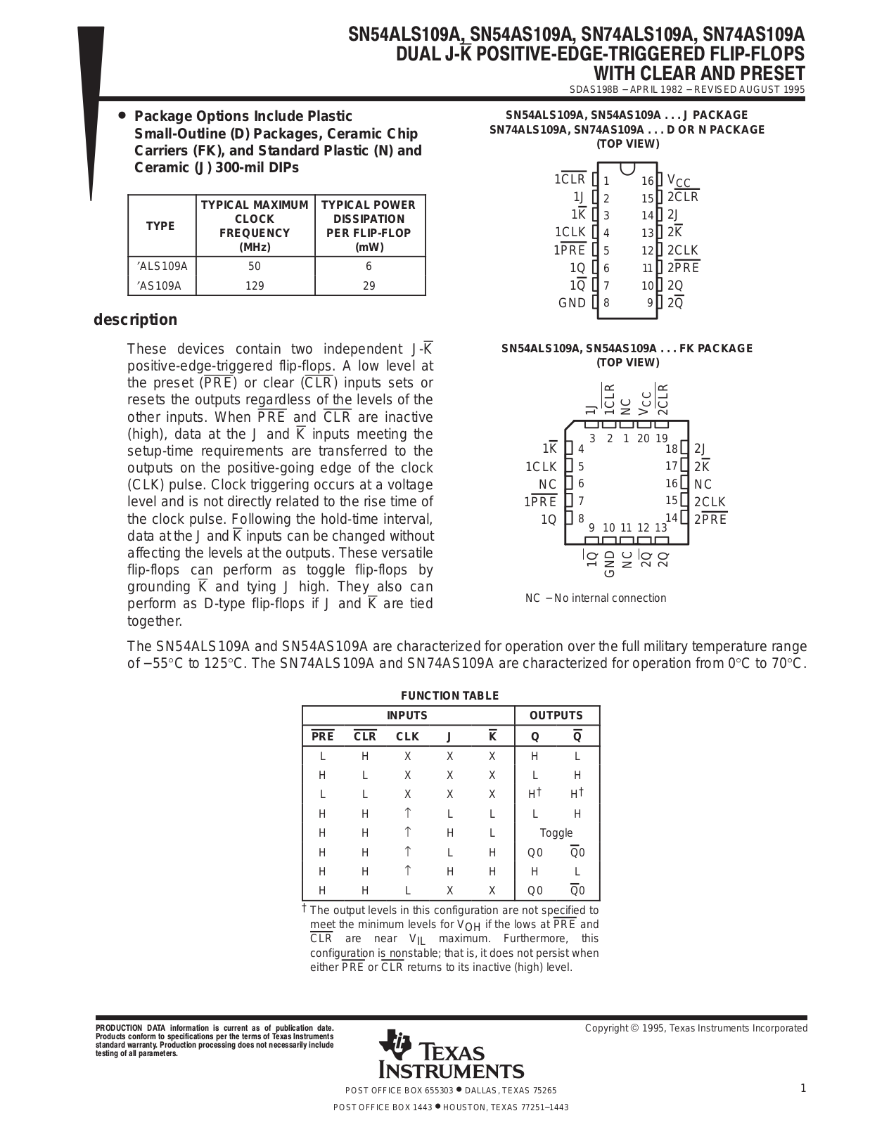 TEXAS INSTRUMENTS SN54ALS109A Technical data