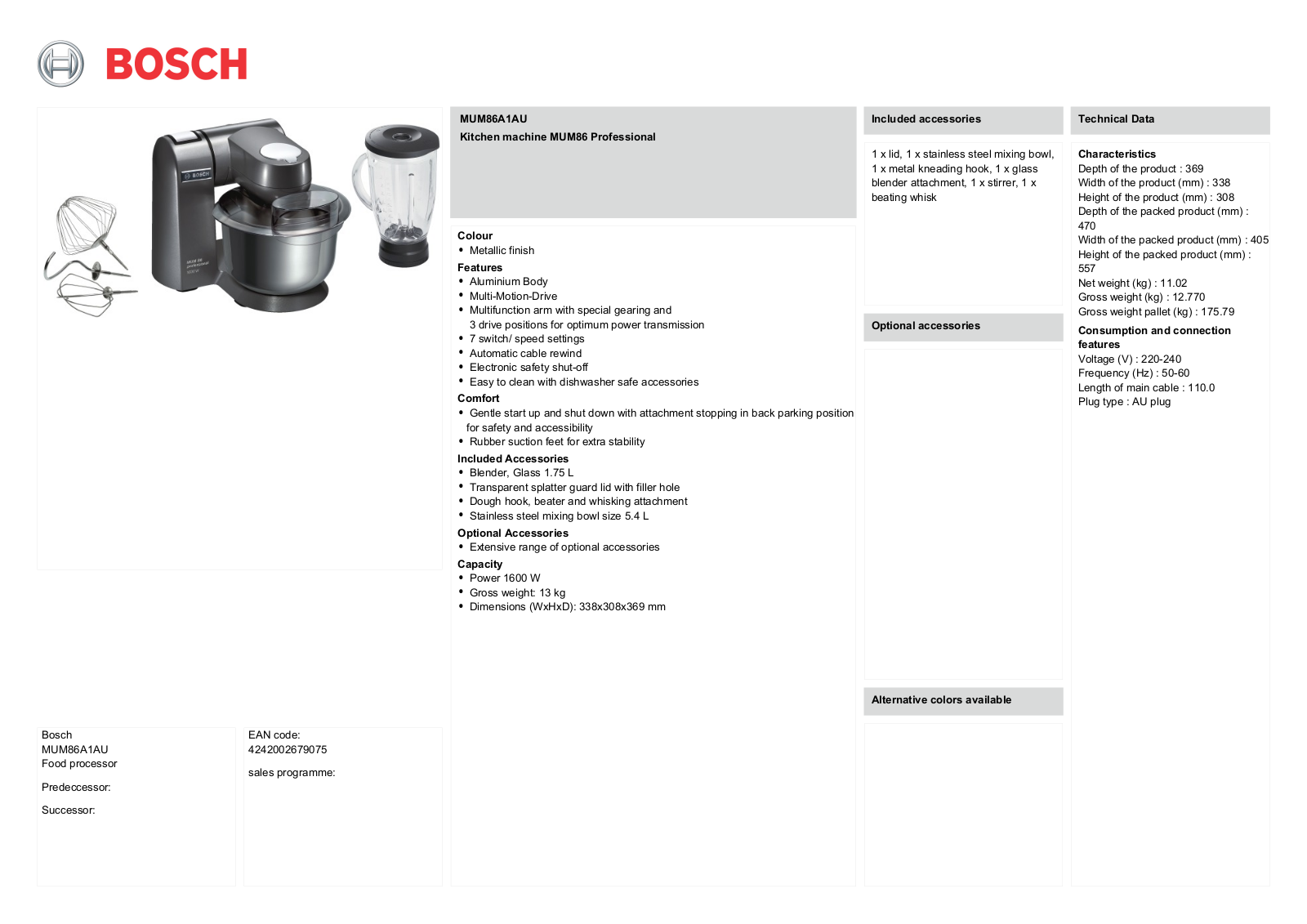 Bosch MUM86R1AU Product Sheet