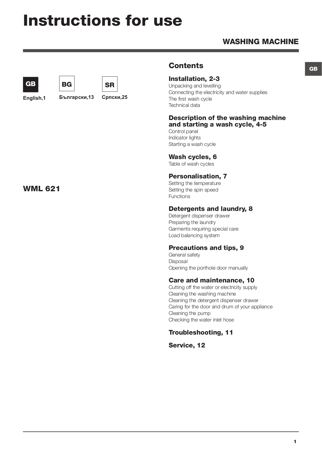 Hotpoint WML 621 User Manual