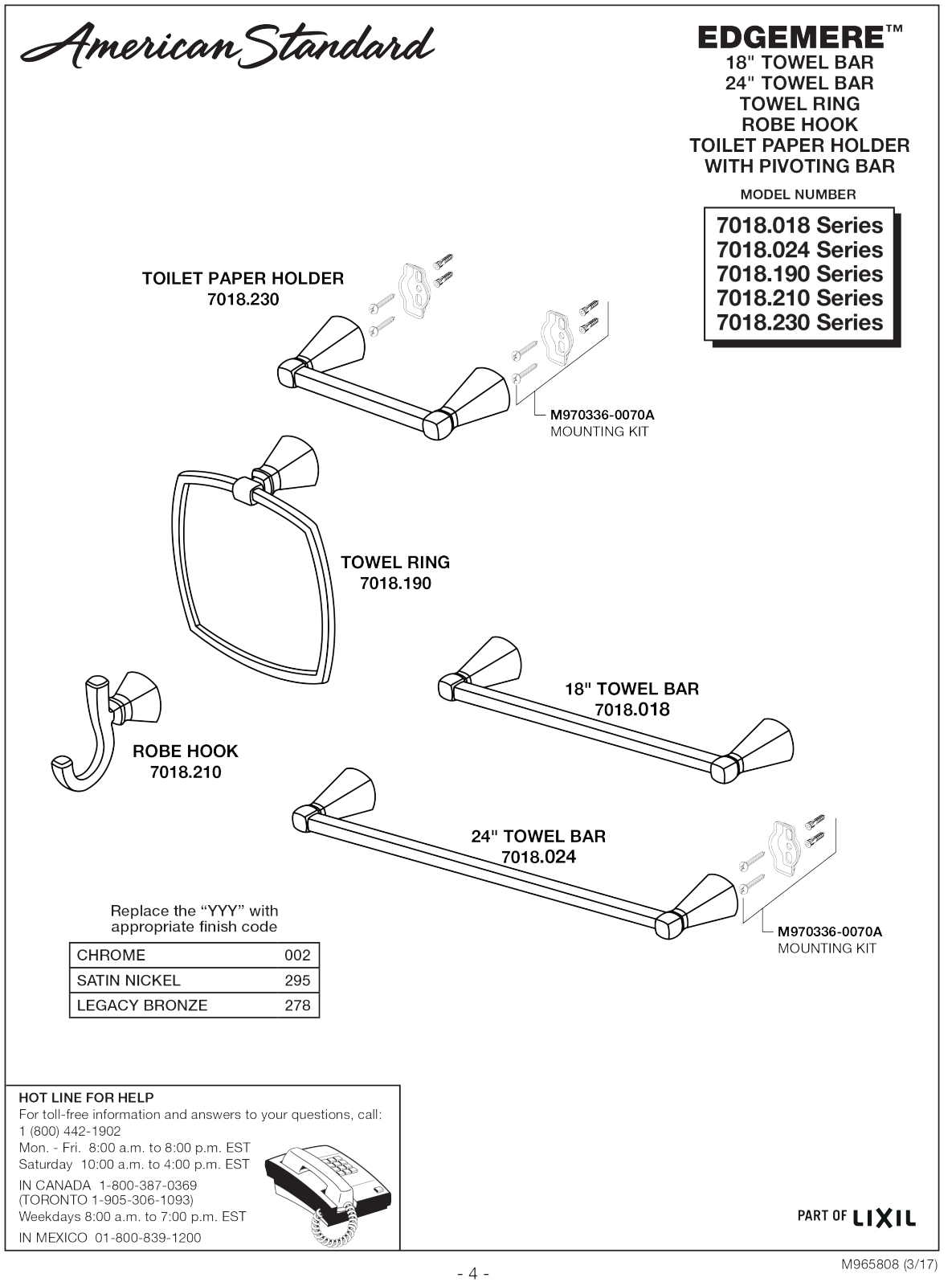 American Standard 7018.018, 7018.024, 7018.190, 7018.210, 7018.230 Service manual