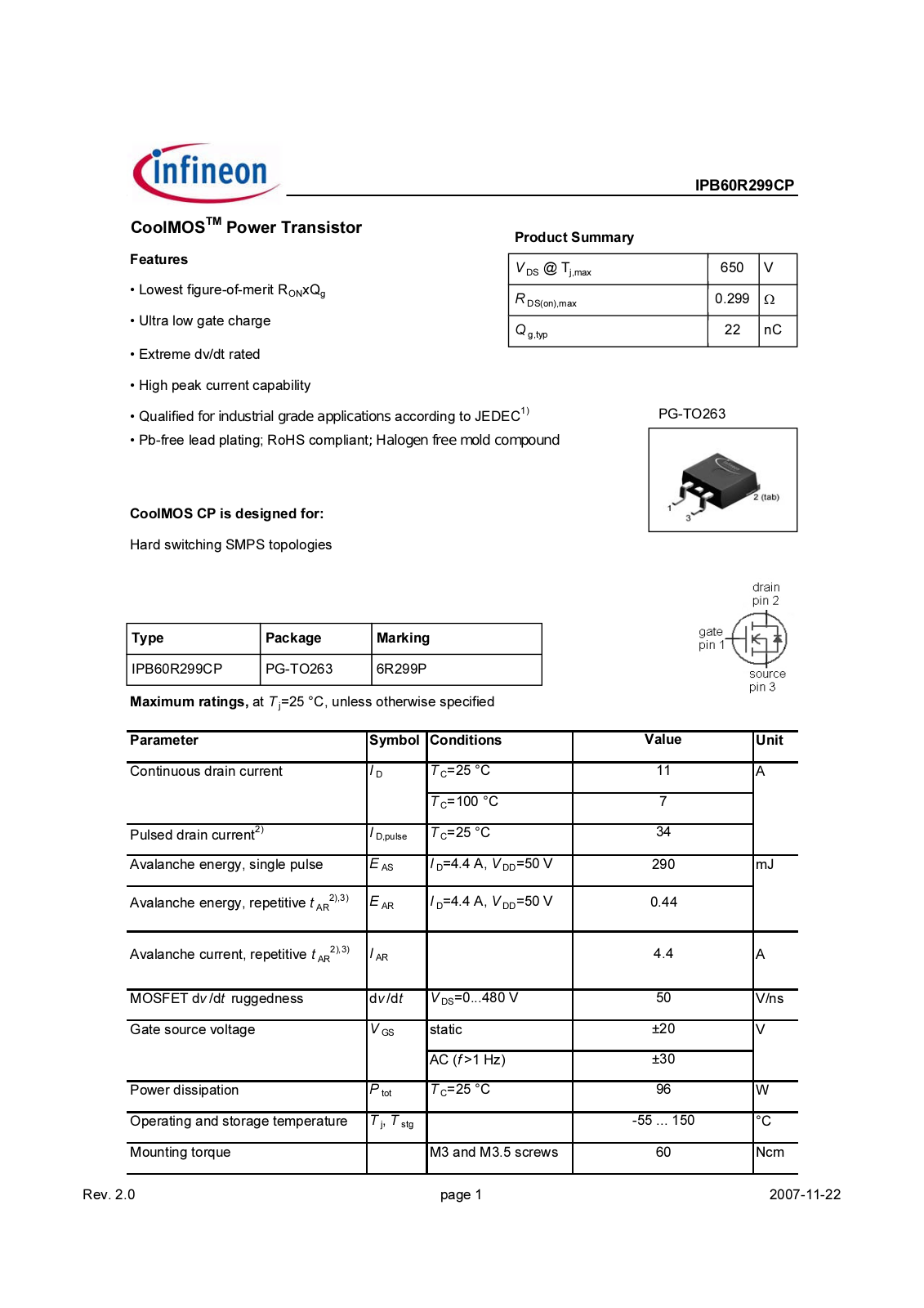 Datasheet ipb60r299cp_rev2.0 Datasheet - ManualMachine.com
