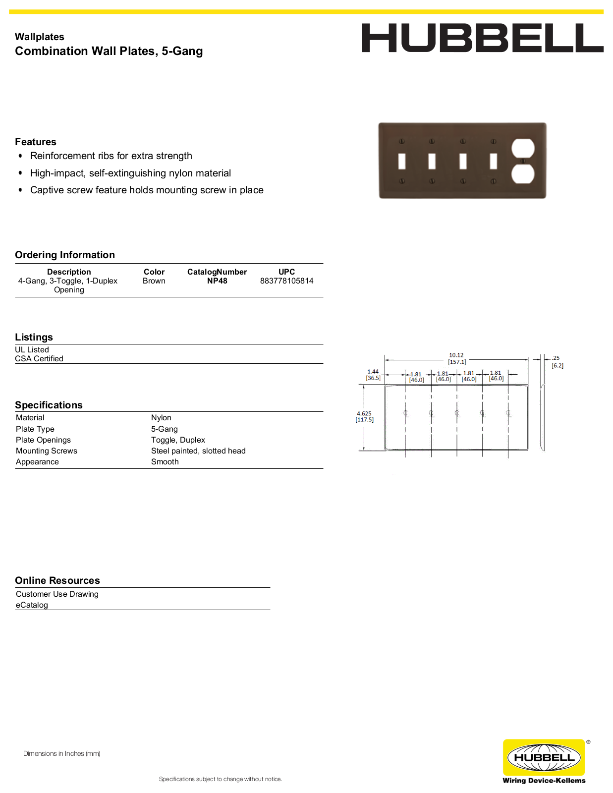 Hubbell NP48 Specifications