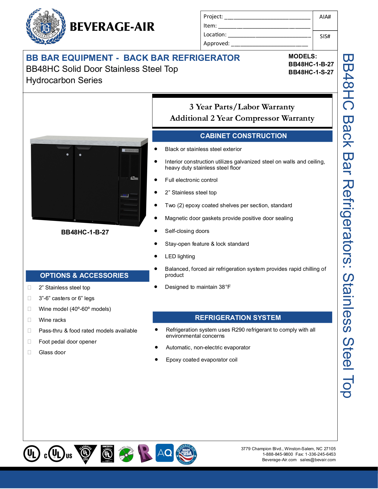 Beverage-Air BB48HC1S27, BB48HC1FB27, BB48HC1B27, BB48HC1FS27 Specifications