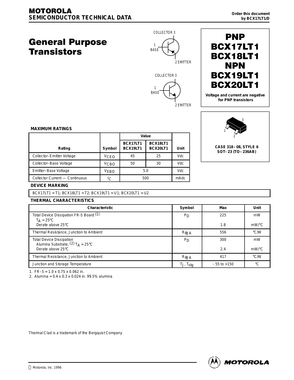 Motorola BCX18LT1, BCX20LT1, BCX19LT1, BCX17LT3, BCX17LT1 Datasheet