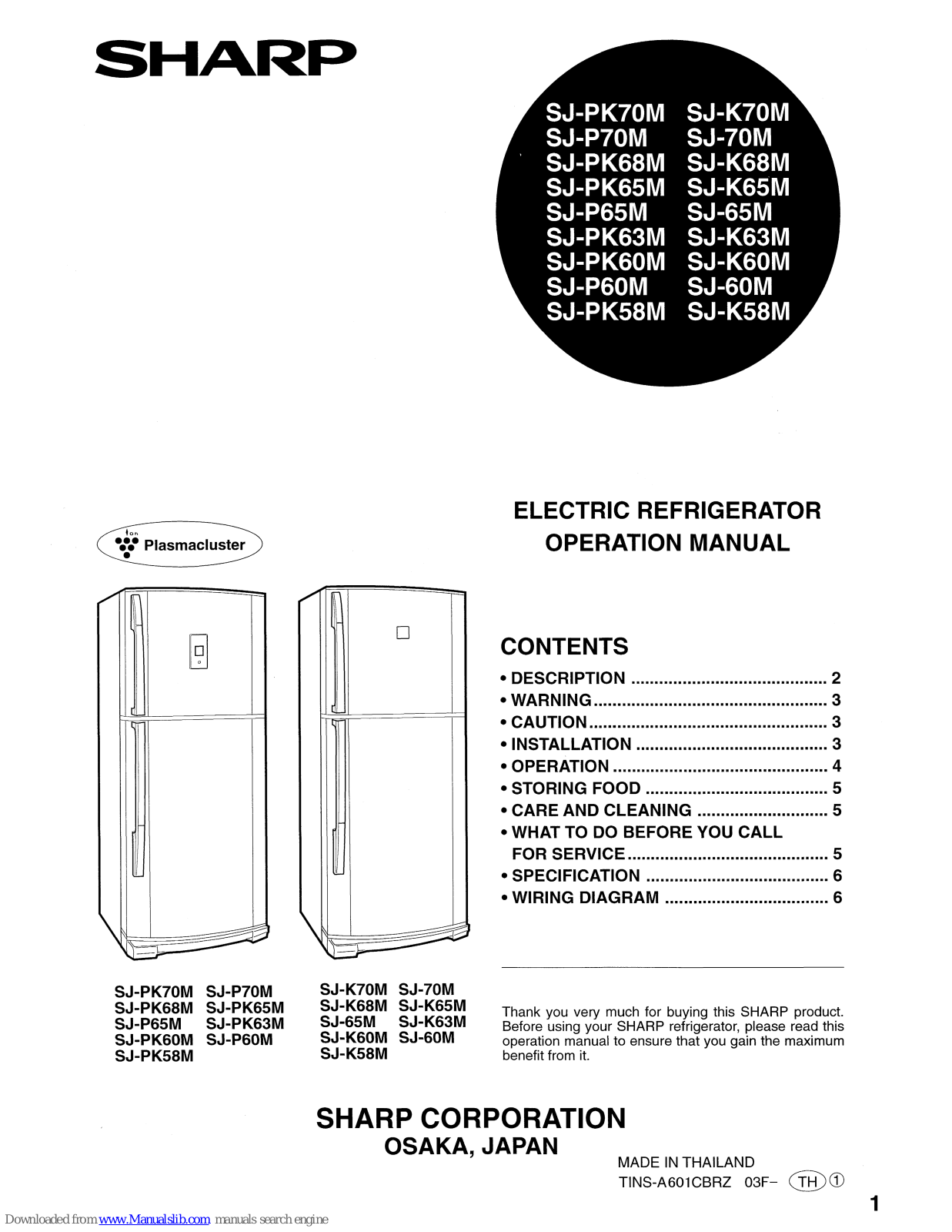 Sharp SJ-PK68M, SJ-K68M, SJ-PK65M, SJ-K65M, SJ-P65M Operation Manual