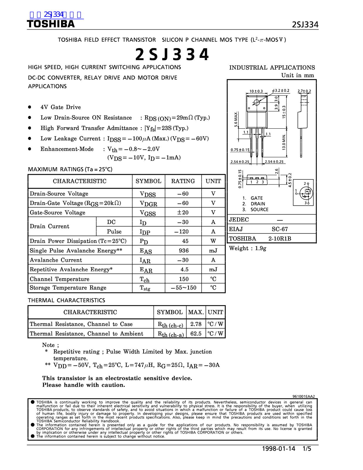 TOSHIBA 2SJ334 Technical data